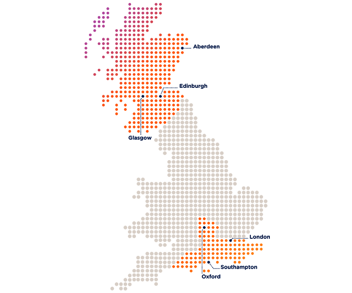 Map of where SGN operates with colours highlighting the south of England and all of Scotland. The following cities are labelled: Aberdeen, Edinburgh, Glasgow, London, Southampton, Oxford.
