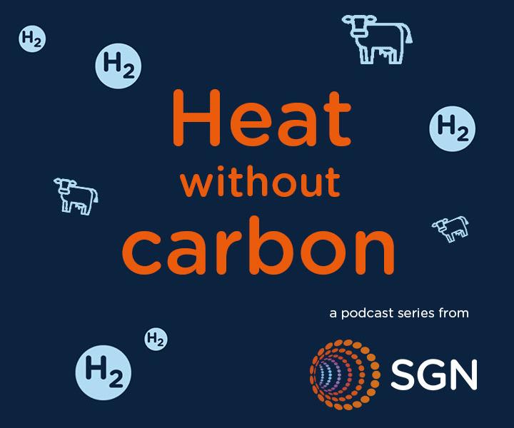 Heat Without Carbon text on a dark blue background with illustrated cows and hydrogen bubbles