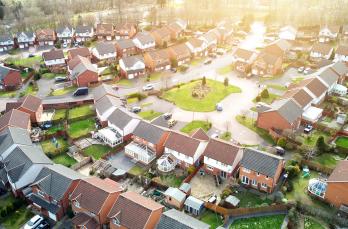 Aerial shot of suburban houses in Edinburgh, Scotland