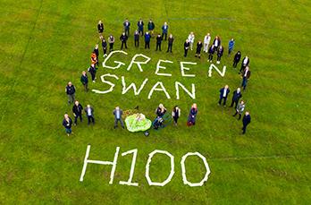 An aerial shot of Sacha Dench, the Human Swan, with Levenmouth Academy pupils, teachers and other stakeholders