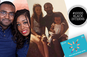 Photos of Sunny and Gloria, Tara as a child with her parents, the 10,000 Black Interns logo, and the race and privilege guide cover