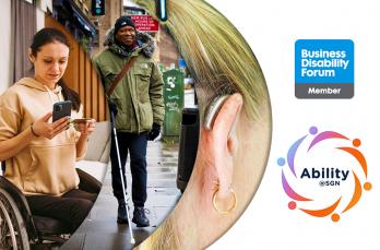 Images of a woman in a wheelchair using a mobile phone, a man walking down a street using a mobility cane for vision impairment, and an ear with a heading aid. The logos for British Disability Forum and Ability @ SGN are shown.