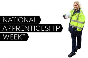 A blonde women wearing SGN branded PPE. Logo for National Apprenticeship Week