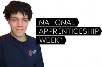 A smiling man in an SGN sweater, Logo for National Apprenticeship Week