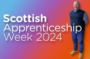 A man stood against an orange, purple, blue gradient. Text: Scottish Apprenticeship Week 2024