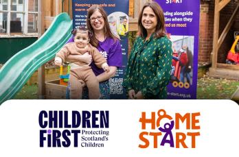 Two women and a child in  a children's playground with the logos for Children First and Home-Start UK
