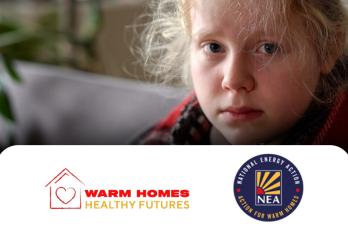 A sad young child wrapped in a blanket, with the logos for NEA and Warm Homes Healthy Futures
