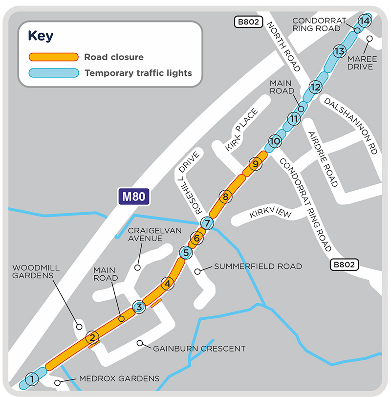 A map showing the phases of our work in Main Road, Condorrat